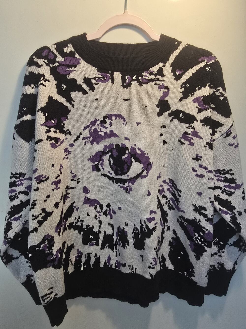 Eye of Providence Print Knit Sweater - Purple Lavender - Size S/M Crewneck goth